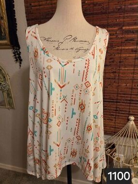 Hot Ginger Aztec-Print Sleeveless Top in Cream and Teal
